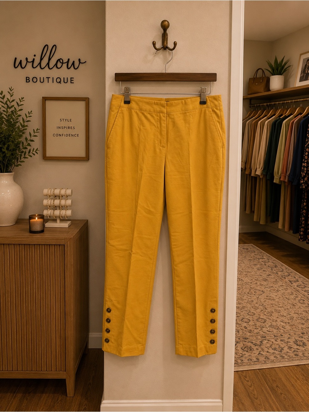 Crosby Yellow Cropped Pants Size 6 Button Hem Stretch Cotton Blend